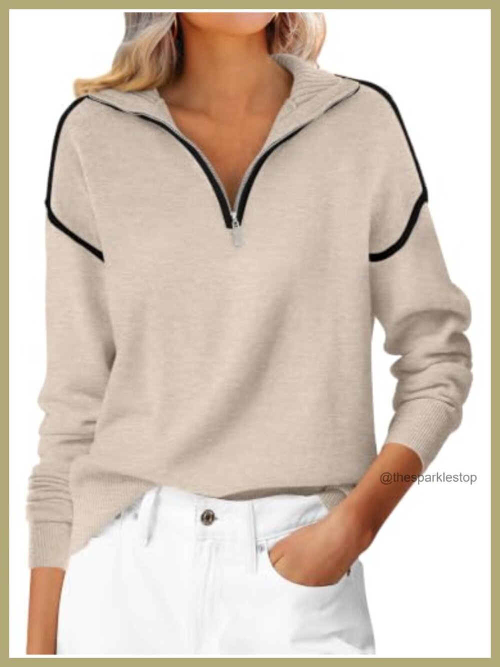 Quarter Zip Pullover Sweater Women Loose Fit Knit V Neck Collared Long Sleeve